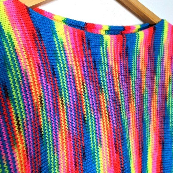 Vintage 80s Handmade Neon Multi Bright Stripe Knit Tunic Sweater - Picture 3 of 12